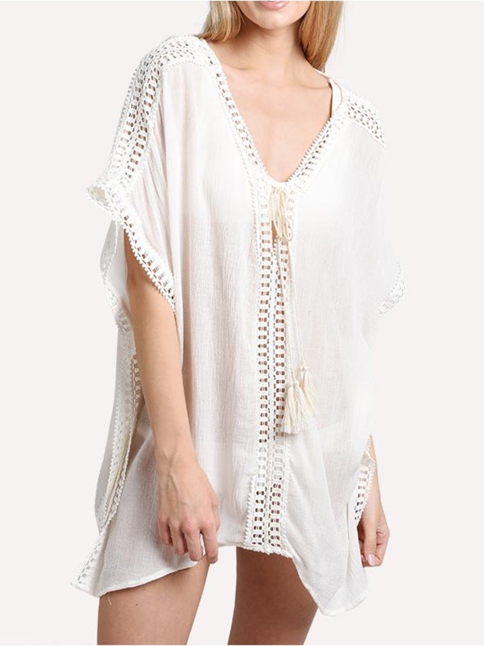 Eberjey Ivory Crochet-Trim Sheer V-Neck Tunic Swim Coverup w/ Tassels Sz L Boho